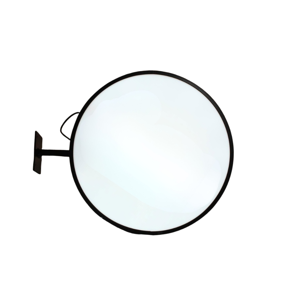 Double sided circle lightbox sign projecting from building for cafes and restaurants