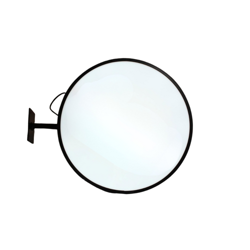 Double sided circle lightbox sign projecting from building for cafes and restaurants